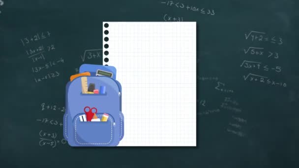 Animación Del Pictograma Bolsa Escuela Colegial Con Ecuaciones Matemáticas Flotantes — Vídeo de stock