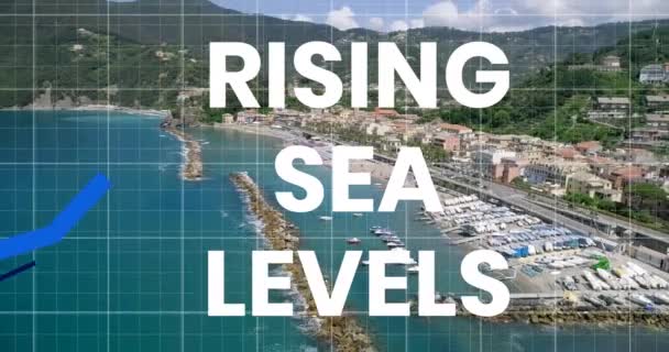Animation Text Rising Sea Levels Written White Three Blue Lines — Stock Video