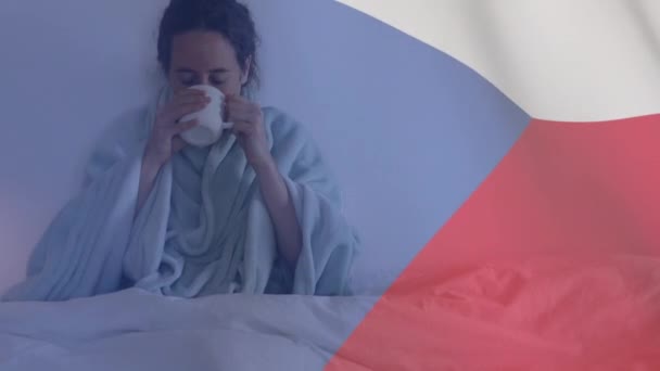 Animation Czech Flag Waving Sick Caucasian Woman Lying Bed Coughing — Stock Video