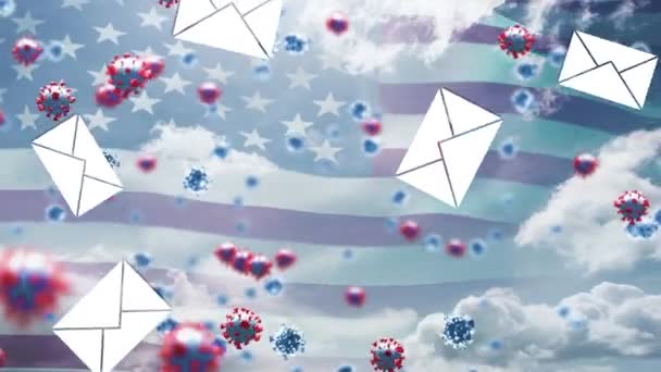 Animação Envelopes Células Covid Sobre Bandeira Americana Acenando Nuvens Céu — Vídeo de Stock