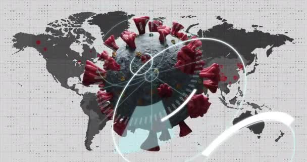 Animación Célula Coronavirus Covid Girando Con Texto Mapa Del Mundo — Vídeo de stock