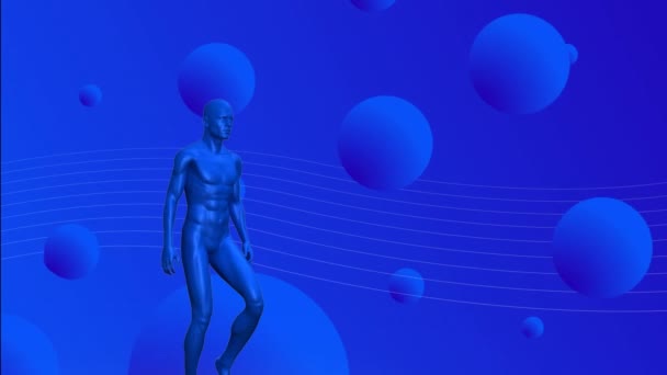 Animación Modelo Humano Metálico Azul Caminando Sobre Múltiples Bolas Azules — Vídeo de stock