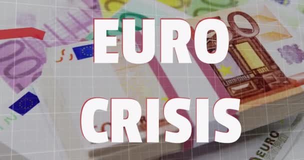 Animation Euro Crisis Text Red Lines Descending Euro Currency Banknotes — Stock Video