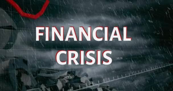 Анімація Тексту Фінансової Кризи Червоною Лінією Спускається Над Жінкою Парасолькою — стокове відео