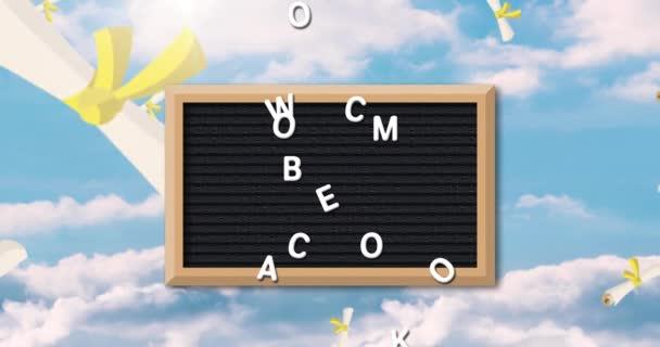 Animation Planche Avec Texte Bienvenue École Sur Des Diplômes Flottants — Video