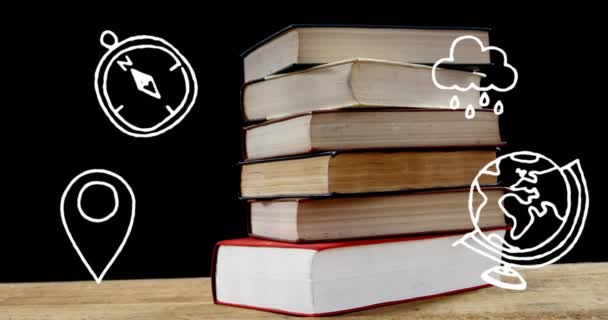 Анимация Школьных Пиктограмм Плавающих Над Книгами Черном Фоне Восстановление Концепции — стоковое видео