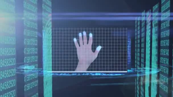 Animation Der Digitalen Schnittstellendatenverarbeitung Mit Biometrischem Fingerabdruck Von Mann Auge — Stockvideo