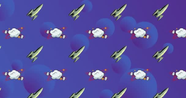 紫色の背景に催眠運動で動く青いボールにレトロな漫画のスピーチバブルと宇宙ロケットの複数の行のアニメーション 色の光と動きの概念デジタル生成された画像 — ストック動画