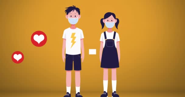心型数字图标的动画飘扬 男孩和女孩戴着面具 在橙色背景下与社会保持距离 全球大肠癌流行概念数字生成图像 — 图库视频影像