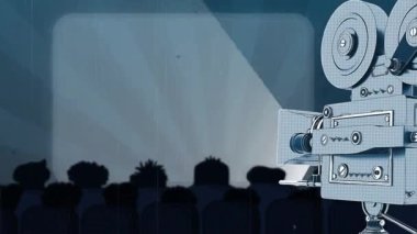 Sinemanın animasyonu, arka planda boş ekran ile sıralanmış koltuklarda oturan insanların siluetleri ve kamera. Renkli görüntü ve hareket konsepti dijital olarak oluşturuldu.