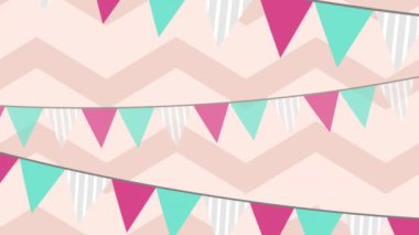 Arka plandaki zigzag deseninde mavi, beyaz ve pembe renkli üç bayram kiriş ipinin animasyonu. Dijital ortamda oluşturulan doğum günü eğlencesi konsepti.