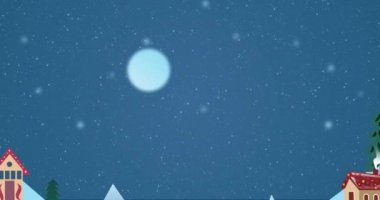 Geceleri, kar yağarken, evler, ay ve dağların mavi arka planda olduğu kışın animasyonu. Noel mevsimi şenlik konsepti dijital olarak oluşturulmuş görüntü.