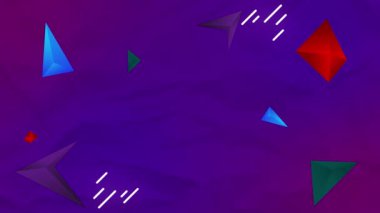 Mor arkaplanda beyaz çizgilerin ve çok renkli geometrik şekillerin canlandırılması. Renk ve geometrik şekiller konsepti dijital olarak oluşturulmuş görüntü.