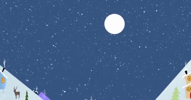 Animação Cena Natal Invernal Noite Com Neve Caindo Casas Lua — Vídeo de Stock