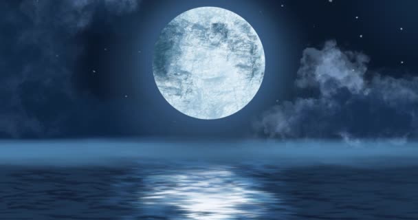 Animation Scene Night Clouds Fog Moon Shining Reflecting Water Atmospheric — Stock Video