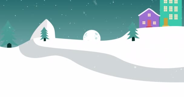 Animação Inverno Cena Natal Noite Com Neve Caindo Casas Lua — Vídeo de Stock