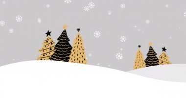 Gri arka planda birden fazla kar tanesinin yağdığı altın ve siyah Noel ağaçlarının animasyonu. Noel mevsimi şenlik konsepti dijital olarak oluşturulmuş görüntü.
