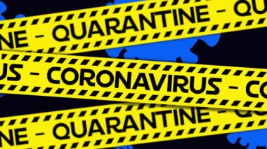 Siyah arkaplan üzerinde karantina metni olan sarı bantlı koronavirüs hücrelerinin animasyonu. Global Coronavirus Covid 19 salgın eğitim konsepti dijital olarak oluşturulmuş görüntü.