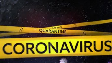 Koronavirüs metni ve koronavirüs hücrelerinin siyah arkaplanda yüzdüğü sarı uyarı bantlarının animasyonu. Global Covid 19 koronavirüs pandemik konsept dijital olarak üretilen görüntü.