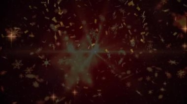 Birden fazla parıldayan ışık lekesi, düşen altın konfetileri ve parıldayan yıldızlarla Noel kutlamalarının animasyonu. Noel kutlaması konsepti dijital olarak oluşturulmuş görüntü.