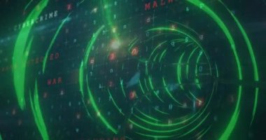 Çevrimiçi güvenlik uyarısı ve parlayan tüneldeki asma kilit ile dijital arayüzün animasyonu. Küresel teknoloji ve bağlantı ağı konsepti dijital olarak oluşturulmuş görüntü.