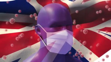 Yüzen makro Covid-19 hücrelerin üzerinde sallanan İngiliz bayrağının animasyonu ve yüz maskesi takan üç boyutlu insan kafası modeli. Covid-19 Coronavirus Ulusal Sağlık Güvenliği Konsepti Dijital Kompozit