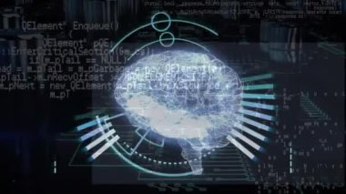 Karanlık arka planda dönen insan beyni üzerinde tıbbi veri işleme animasyonu. Küresel tıp sağlık konsepti dijital bileşik.