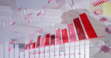 Grafikler, istatistikler ve Coronavirus hücreleriyle dijital arayüzün animasyonu Klavye Covid-19 Coronavirus teknoloji arayüzü kavramına dijital olarak üretilen bir kişi üzerine yayılıyor