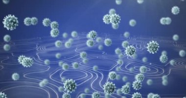 Mavi arka planda beyaz çizgi üzerinde hareket eden 3 boyutlu Coronavirus Covid 19 hücrenin animasyonu. Dijital olarak üretilen küresel koronavirüs pandemik konsepti.