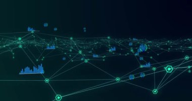 Çoklu yeşil altıgenlerin animasyonu siyah arkaplan üzerinde hipnotik hareketlerle hareket eden bağlantılar ve istatistikler ağı oluşturuyor. Renk ve hareket kavramı dijital olarak oluşturuldu.