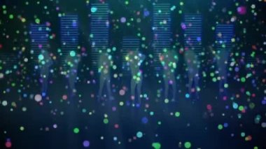 İnsanların dans ettiği çok renkli ışık noktaları ve mavi arka planda hareket eden grafik müzik dengeleyicilerinin canlandırılması. Renk ve hareket kavramı dijital olarak oluşturuldu.