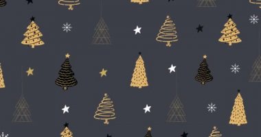 Kıvılcımlar saçan yıldızlar ve gri arka planda Noel ağaçları olan sıra sıra Noel süslerinin animasyonu. Noel mevsimi şenlik konsepti dijital olarak oluşturulmuş görüntü.