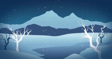 Kar yağan kış manzarası, mavi arka planda ağaçlar ve dağlar. Noel mevsimi şenlik konsepti dijital olarak oluşturulmuş görüntü.