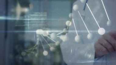 DNA yapısı dönüyor, beyaz parçacıklar ve akıllı telefon kullanarak doktorun orta kesimine karşı veri işleme. tıp araştırma bilimi ve küresel ağ kavramı