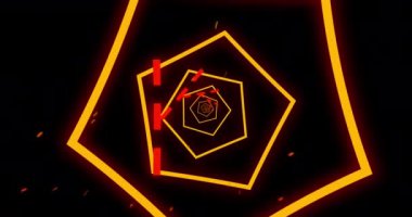 Siyah zemin üzerinde kırmızı ışık izleriyle dönen ve hareket eden birçok turuncu neon beşgenin animasyonu. Renk ışığı hareketi konsepti dijital olarak oluşturuldu.