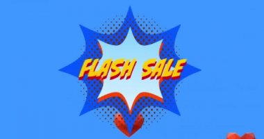 Mavi arkaplanda kırmızı kalplere karşı retro konuşma baloncuğuyla ilgili Flash Sale metninin animasyonu. Sevgililer Günü indirimli kutlama konsepti dijital ortamda oluşturuldu..