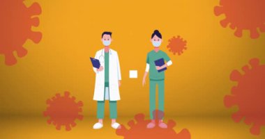 Yüz maskesi takan doktorların sosyal mesafelerini turuncu arka planda okla açtıkları animasyon. Global Covid 19 koronavirüs pandemik konsept dijital olarak üretilen görüntü.