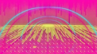 Birden fazla sarı ışık yolu ve pembe parlak arka planda mavi tünel animasyonu. Renk ve hareket kavramı dijital olarak oluşturuldu.