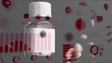 Covid 19 hücre ve hapların konteynırın yanına düştüğü tıbbi istatistik kaydının animasyonu. Küresel koronavirüs Covid 19 salgın konsepti dijital olarak oluşturulmuş görüntü.