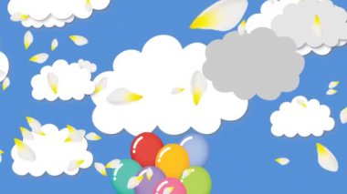 Mavi arka planda bulutların üzerinde uçan çok renkli balonların ve beyaz yaprakların animasyonu. Dijital ortamda oluşturulan eğlenceli eğlence konseptini kutla.