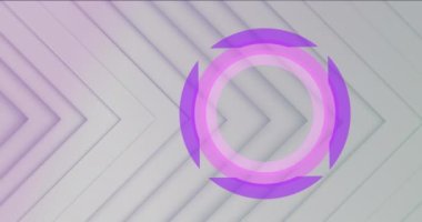Mor ve pembe halkaların hareketli paralel doğrusal çizgilerle gri bir arkaplanda dönmesi ve dönmesi animasyonu. Renk, ışık ve hareket kavramı dijital olarak oluşturuldu