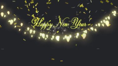 Parlayan peri ışıkları ve altın konfetilerin düştüğü Mutlu Yıllar metninin animasyonu. Yeni Yıl Arifesi kutlamaları dijital ortamda oluşturulmuş bir görüntü..