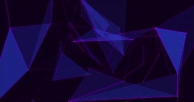 Çoklu mor üçgenlerin animasyonu siyah arkaplanda hipnotik hareketlerle hareket eden bağlantılar ağı oluşturuyor. Renk ve hareket kavramı dijital olarak oluşturuldu.