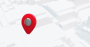 Hareket eden gri blokların arka planında yüzen tek bir GPS konum işaretleyicisinin animasyonu. Konum ve hareket teknolojisi konsepti dijital olarak oluşturulmuş görüntü