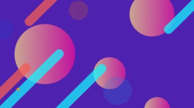 Mavi ve kırmızı çizgilerin çapraz hareket ettiği yüzen turuncu kürelerin animasyonu ve mor arkaplan üzerinde grafik elementler. Renk, ışık ve hareket kavramı dijital olarak oluşturuldu