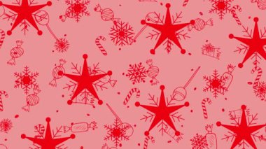 Kırmızı arkaplanda kırmızı renkli geleneksel Noel desenleri, şeker kamışı ve kar taneleri. Noel ve Yeni Yıl kutlamaları şenlik kavramını dijital olarak oluşturuldu.