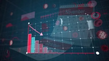Covid 19 hücrenin animasyonu ve istatistikler takvim sayfası dönüşüyle ilgili olayları gösteriyor. Küresel koronavirüs Covid 19 salgın konsepti dijital olarak oluşturulmuş görüntü.