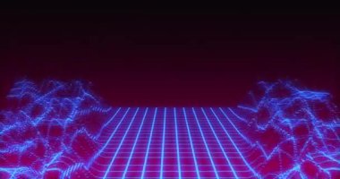 Pembe-mor parlayan ızgaralı video oyunu ekranının animasyonu ve siyah arkaplanda hareket eden ve el sallayan harita çizgileri. Renk ışığı hareketi konsepti dijital olarak oluşturuldu.