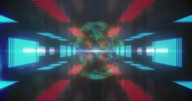 Parlak tüneldeki bağlantı ağlarıyla dijital arayüzün animasyonu. Küresel teknoloji ve bağlantı ağı konsepti dijital olarak oluşturulmuş görüntü.