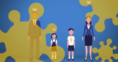 Yüzü maskeli insanların mavi arka planda yüzen koronavirüs hücreleriyle olan sosyal mesafelerinin animasyonu. Global Covid 19 koronavirüs pandemik konsept dijital olarak üretilen görüntü.